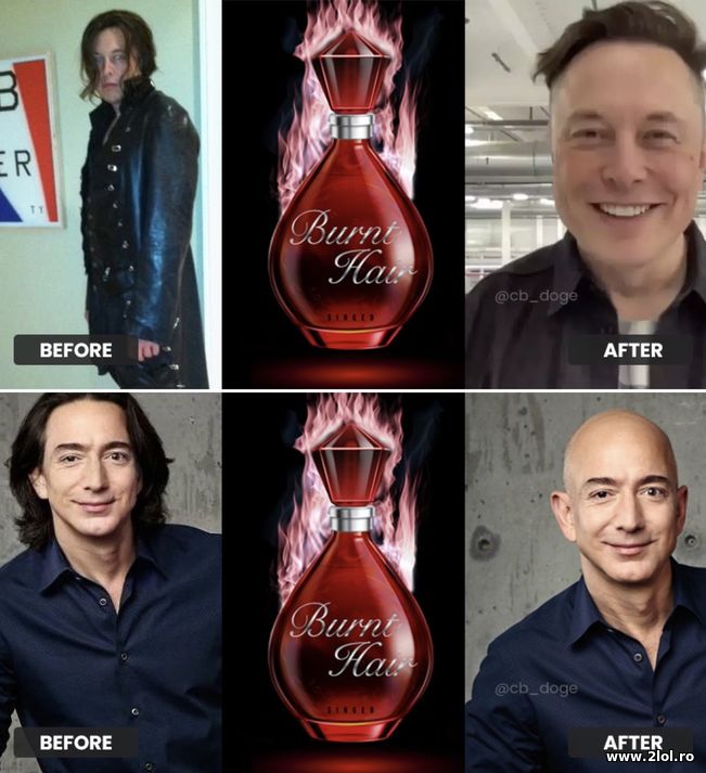 Burnt Hair, before and after. Elon and Jeff Bezos